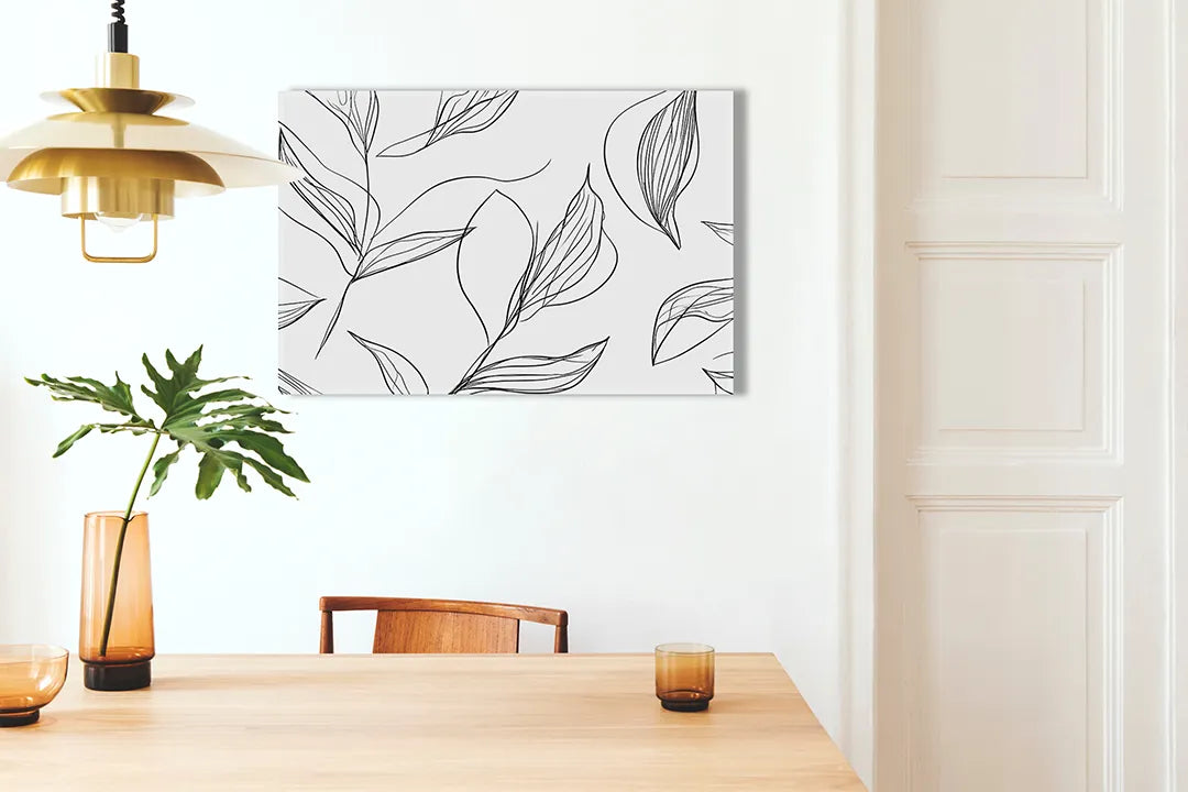 Kurkborden op canvas met botanische lijntekening met bladeren – formaat 100 × 70 cm