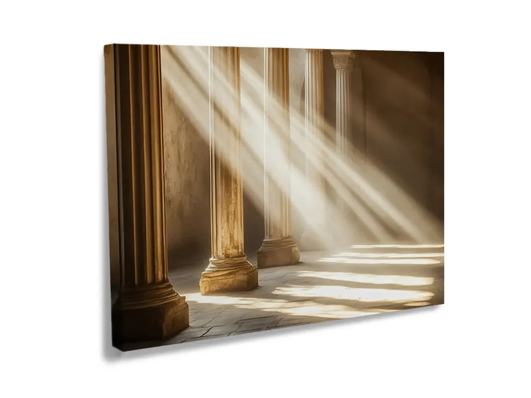 Kurkborden op canvas met zonnestralen tussen klassieke zuilen – formaat 120 × 80 cm