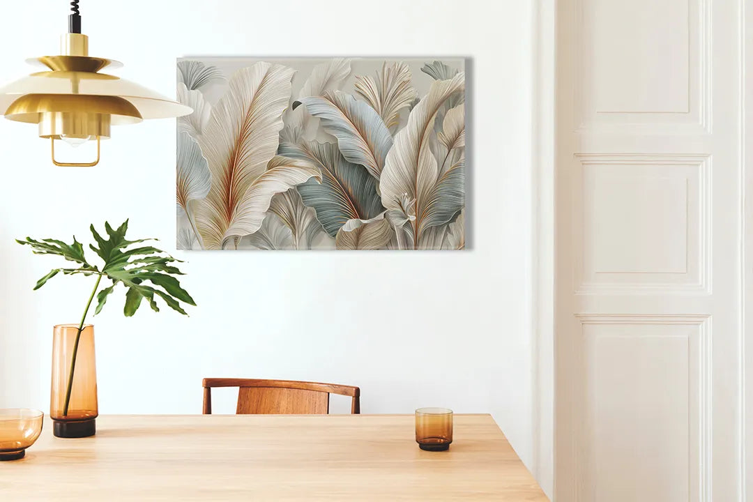 Kurkborden op canvas met zachte veren in beige en mint – formaat 100 × 70 cm