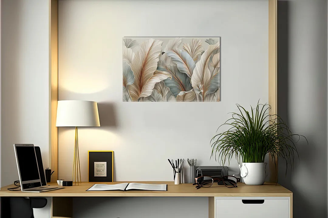 Kurkborden op canvas met zachte veren in beige en mint – formaat 140 × 100 cm