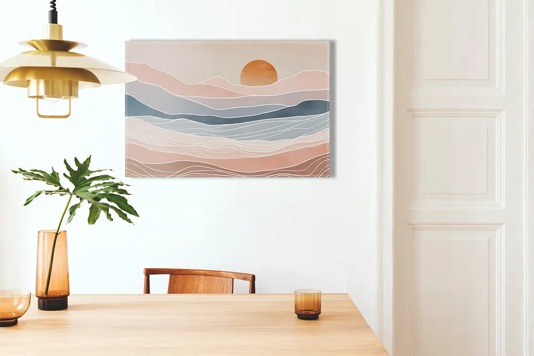 Kurkborden op canvas met abstract landschap met pastelkleurige heuvels – formaat 100 × 70 cm