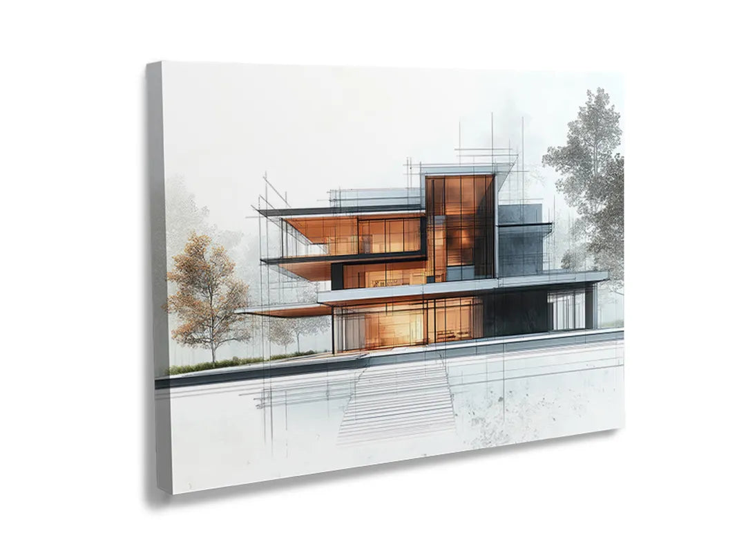 Kurkborden op canvas met moderne woning in architectuurschets – formaat 120 × 80 cm