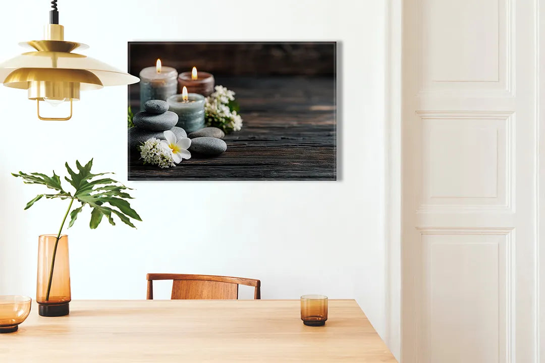 Kurkborden op canvas met spa kaarsen met stenen en bloemen – formaat 100 × 70 cm