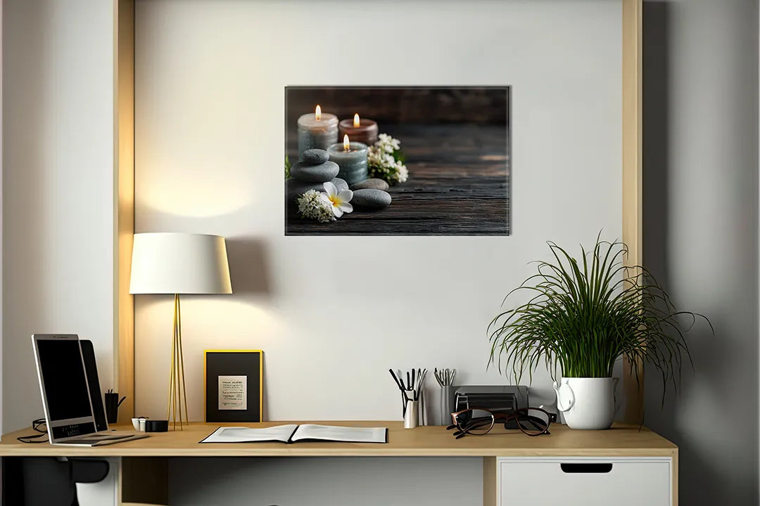 Kurkborden op canvas met spa kaarsen met stenen en bloemen – formaat 140 × 100 cm