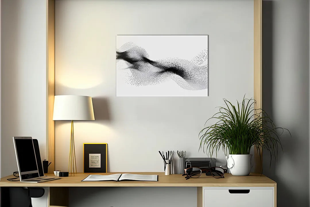 Kurkborden op canvas met abstract zwart stippenlandschap – formaat 140 × 100 cm