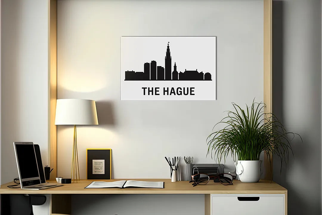 Kurkborden op canvas met skyline van den haag in zwart-wit – formaat 140 × 100 cm