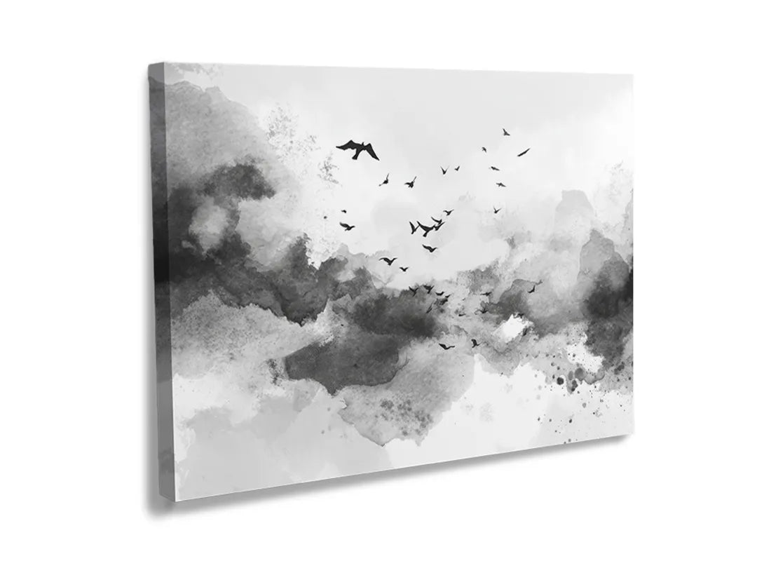 Kurkborden op canvas met zwart-wit aquarellandschap met vogels – formaat 120 × 80 cm