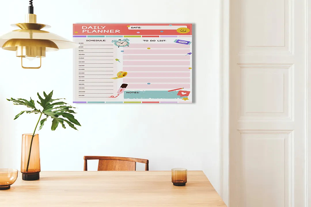 Kurkborden op canvas met kleurrijke dagelijkse planner – formaat 100 × 70 cm