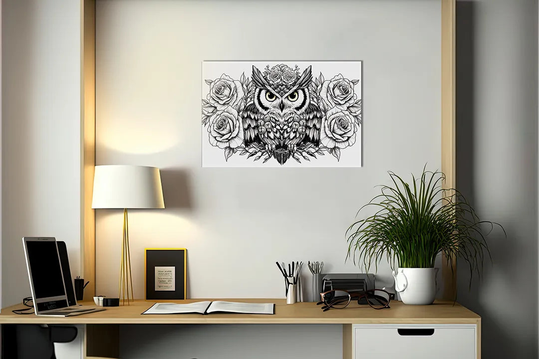Kurkborden op canvas met uil met rozen in lijntekening – formaat 140 × 100 cm