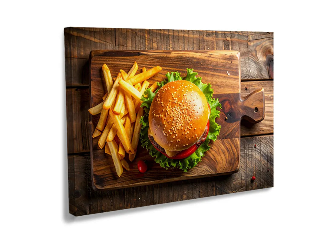 Kurkborden op canvas met hamburger met friet op houten plank – formaat 120 × 80 cm
