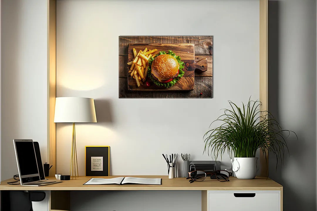 Kurkborden op canvas met hamburger met friet op houten plank – formaat 140 × 100 cm