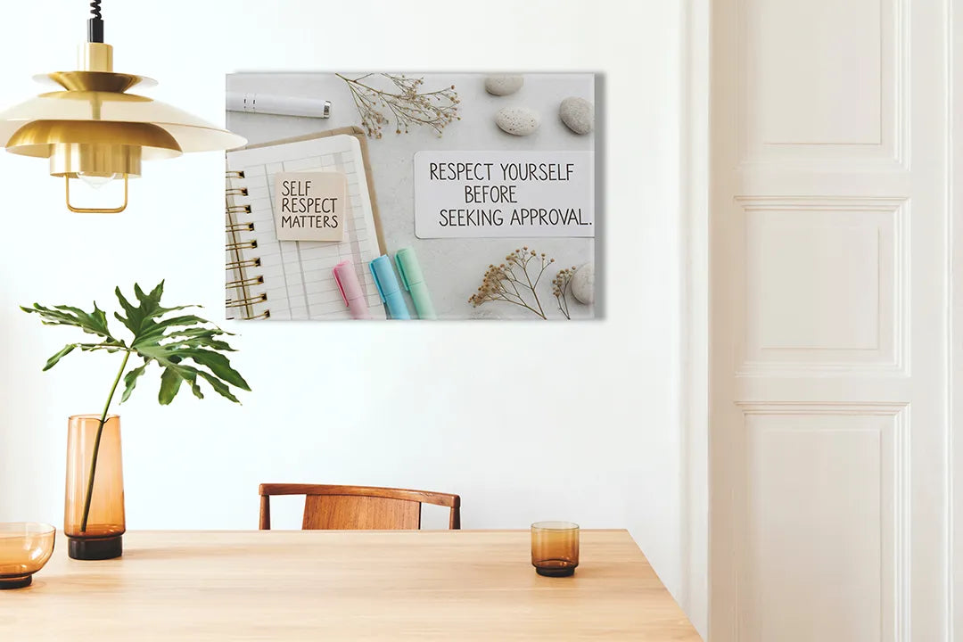 Kurkborden op canvas met notitieboek met quote over zelfrespect – formaat 100 × 70 cm