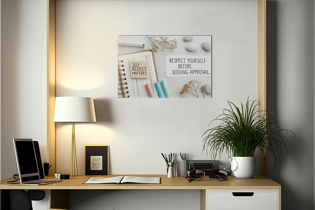 Kurkborden op canvas met notitieboek met quote over zelfrespect – formaat 140 × 100 cm