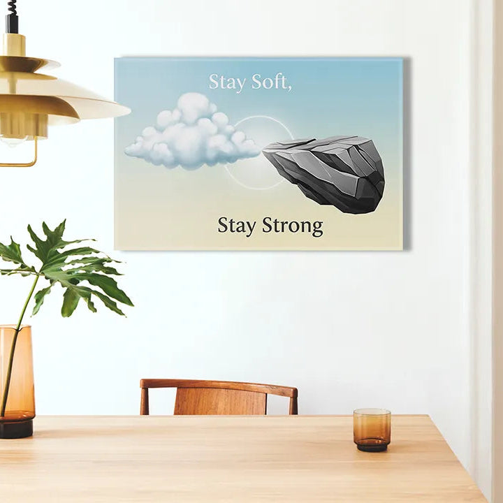 Kurkborden op canvas met quote blijf zacht en sterk – formaat 100 × 70 cm