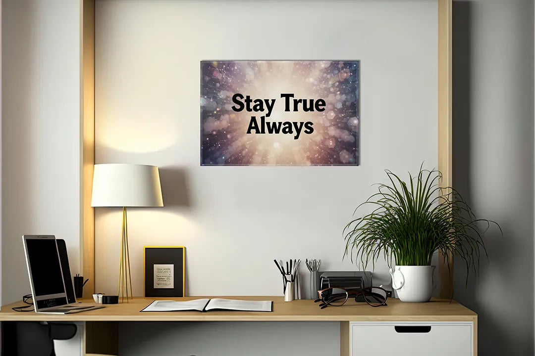 Kurkborden op canvas met stay true always quote op sterrenhemel – formaat 140 × 100 cm