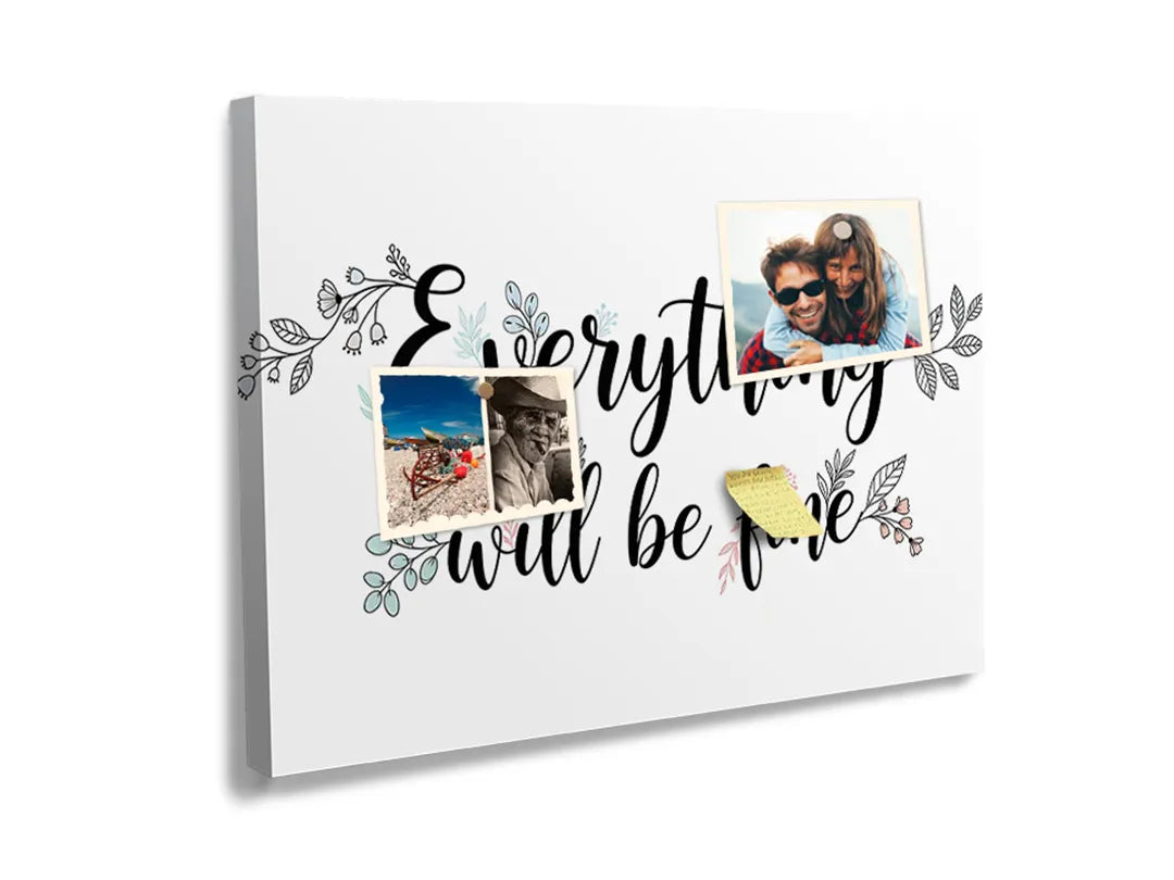 Kurkborden op canvas met everything will be fine typografie – formaat 60 × 40 cm