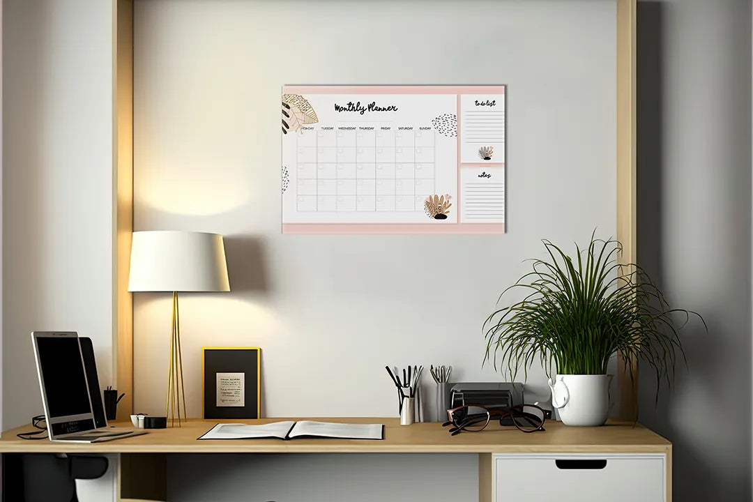 Kurkborden op canvas met roze maandplanner met notitievakken – formaat 140 × 100 cm