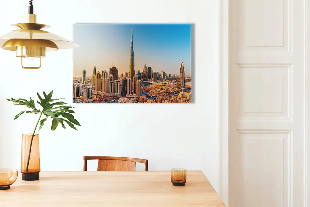 Kurkborden op canvas met skyline van dubai met burj khalifa – formaat 100 × 70 cm