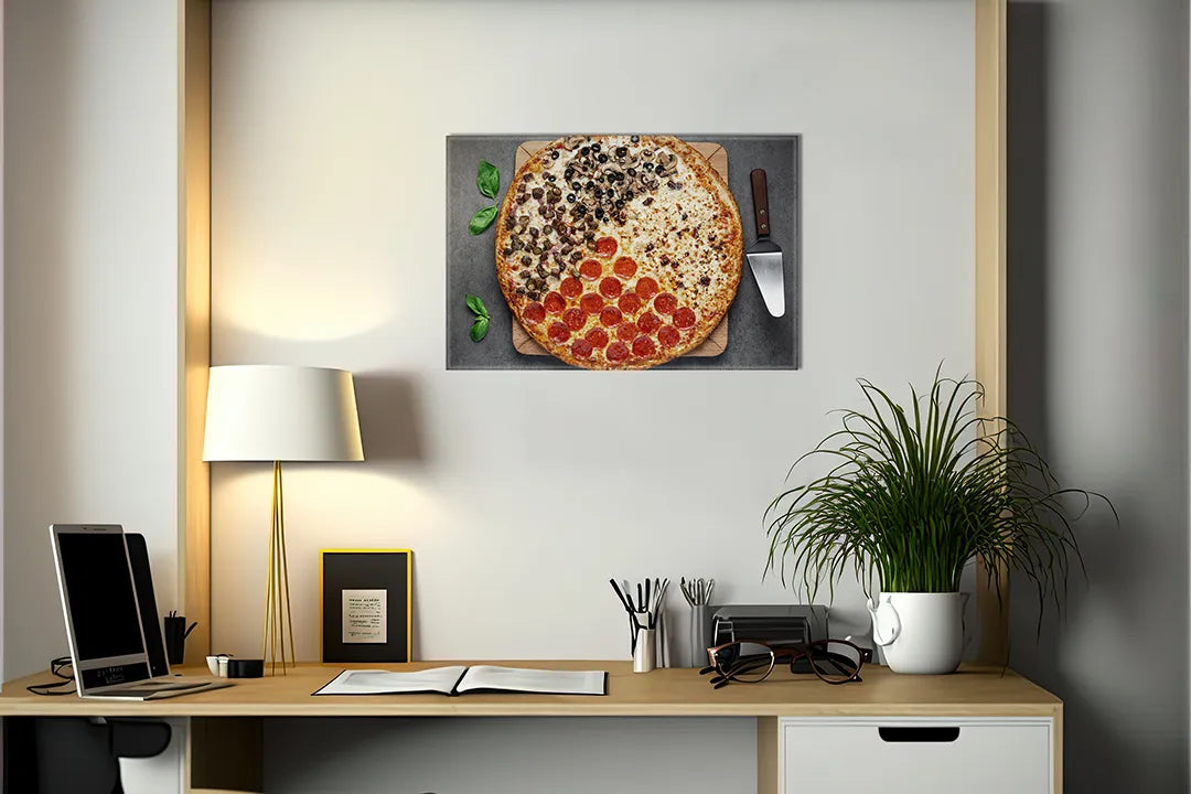Kurkborden op canvas met pizza met verschillende toppings – formaat 140 × 100 cm