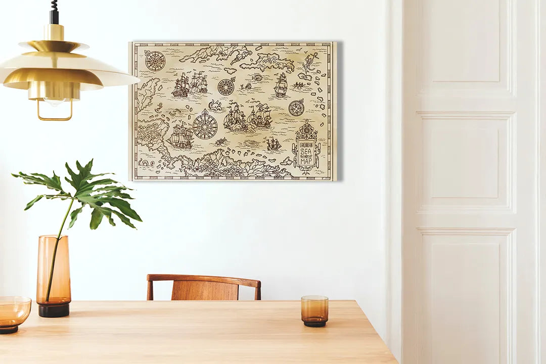 Kurkborden op canvas met antieke nautische wereldkaart – formaat 100 × 70 cm