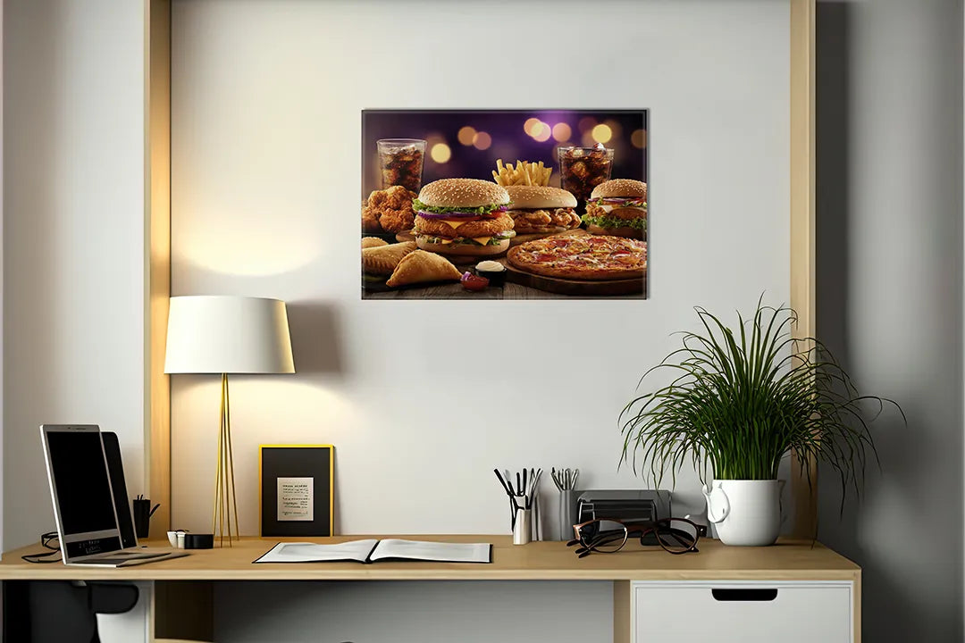 Kurkborden op canvas met fastfood assortiment met burgers en pizza – formaat 140 × 100 cm