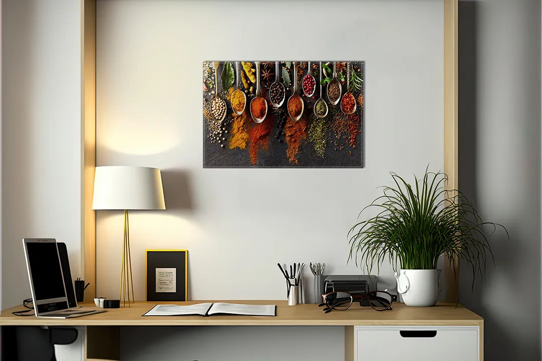 Kurkborden op canvas met kruiden en specerijen in houten lepels – formaat 140 × 100 cm