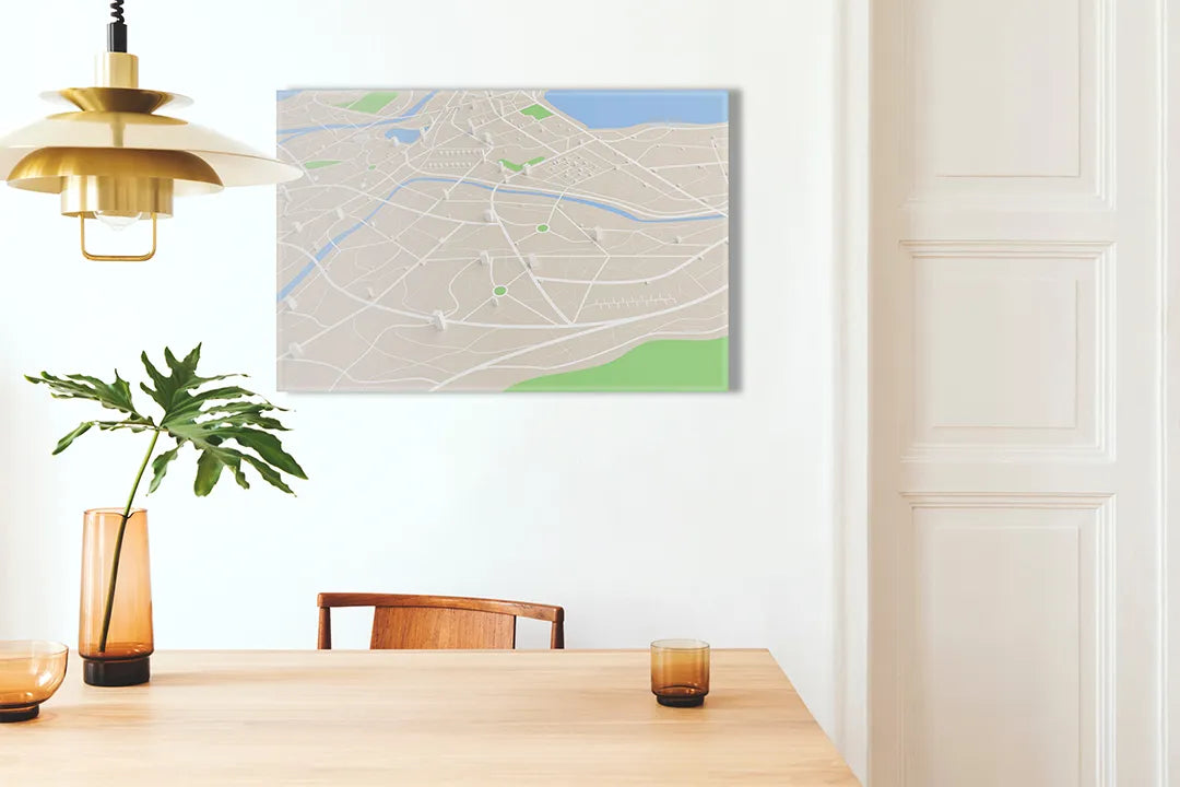 Kurkborden op canvas met minimalistische stadskaart – formaat 100 × 70 cm