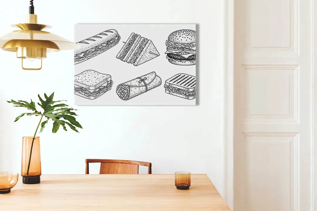 Kurkborden op canvas met zwart-wit fastfood illustraties – formaat 100 × 70 cm