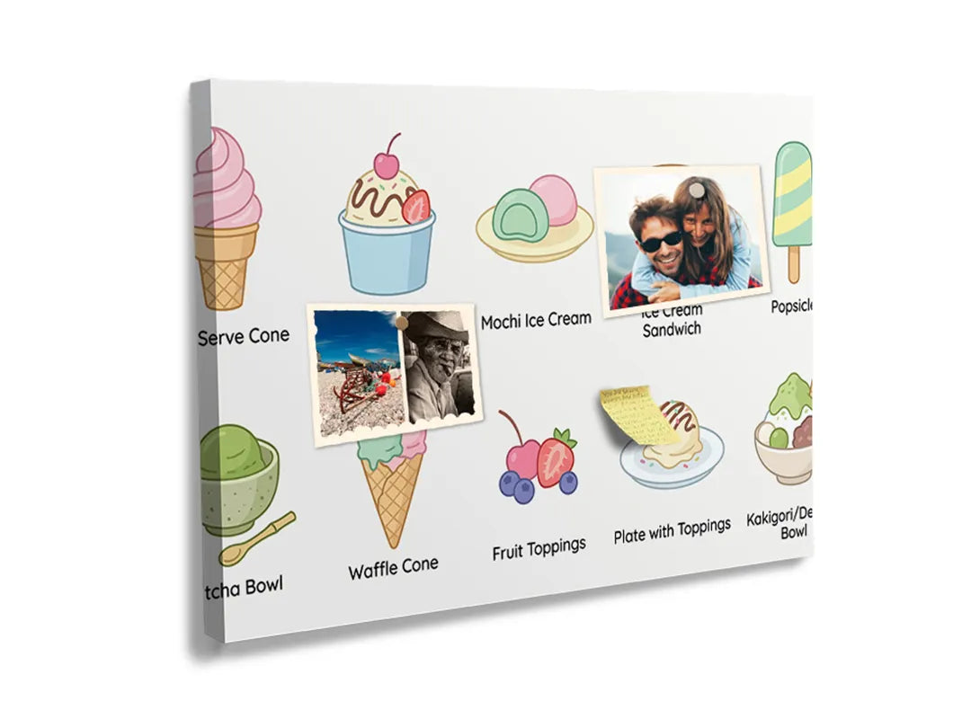 Kurkborden op canvas met kleurrijke dessertillustraties – formaat 60 × 40 cm