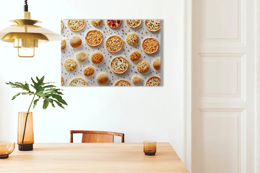 Kurkborden op canvas met patroon van kleine pizza's – formaat 100 × 70 cm