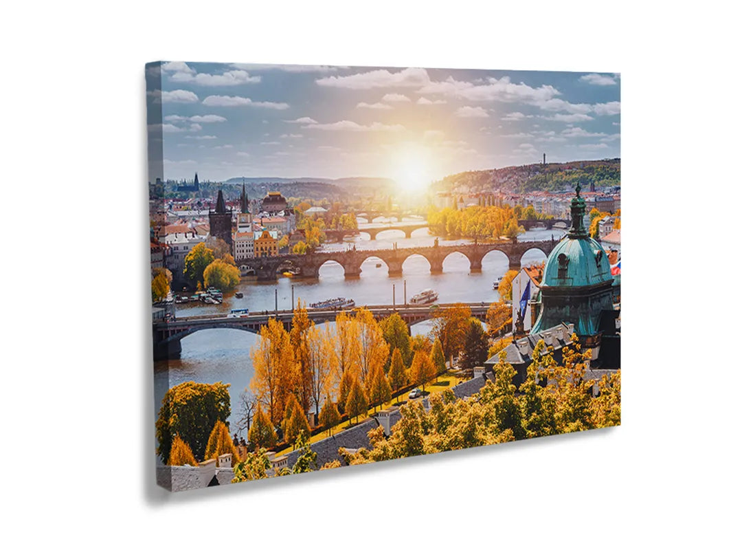 Kurkborden op canvas met panorama van praag bij zonsondergang – formaat 120 × 80 cm