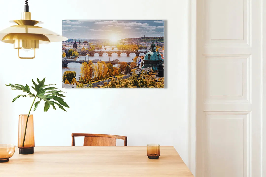 Kurkborden op canvas met panorama van praag bij zonsondergang – formaat 100 × 70 cm