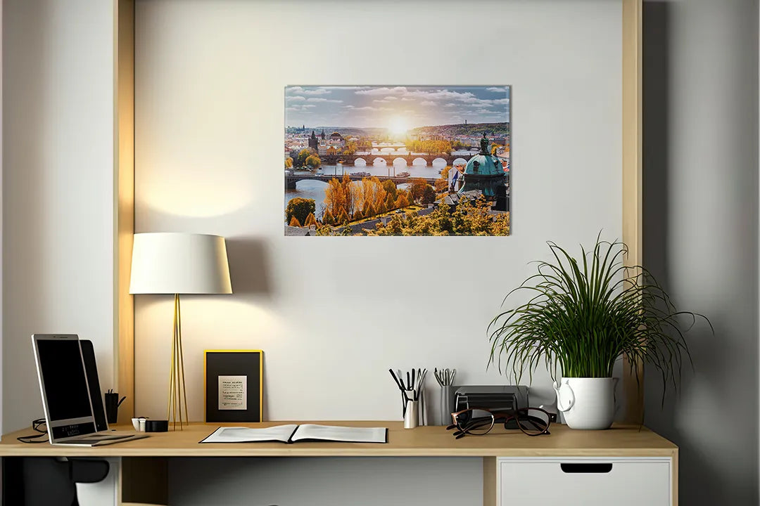 Kurkborden op canvas met panorama van praag bij zonsondergang – formaat 140 × 100 cm