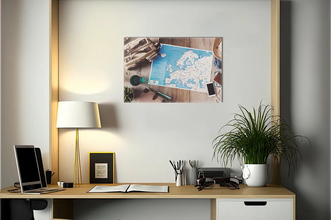 Kurkborden op canvas met reisplanning met kaart van europa – formaat 140 × 100 cm