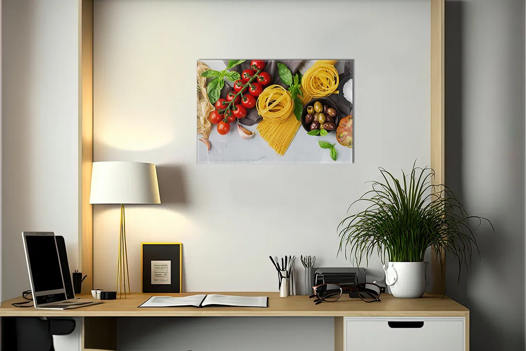 Kurkborden op canvas met italiaanse pasta met tomaten en kruiden – formaat 140 × 100 cm