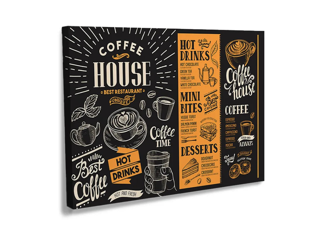 Kurkborden op canvas met retro koffiehuis typografie – formaat 120 × 80 cm