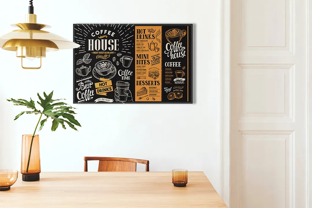 Kurkborden op canvas met retro koffiehuis typografie – formaat 100 × 70 cm