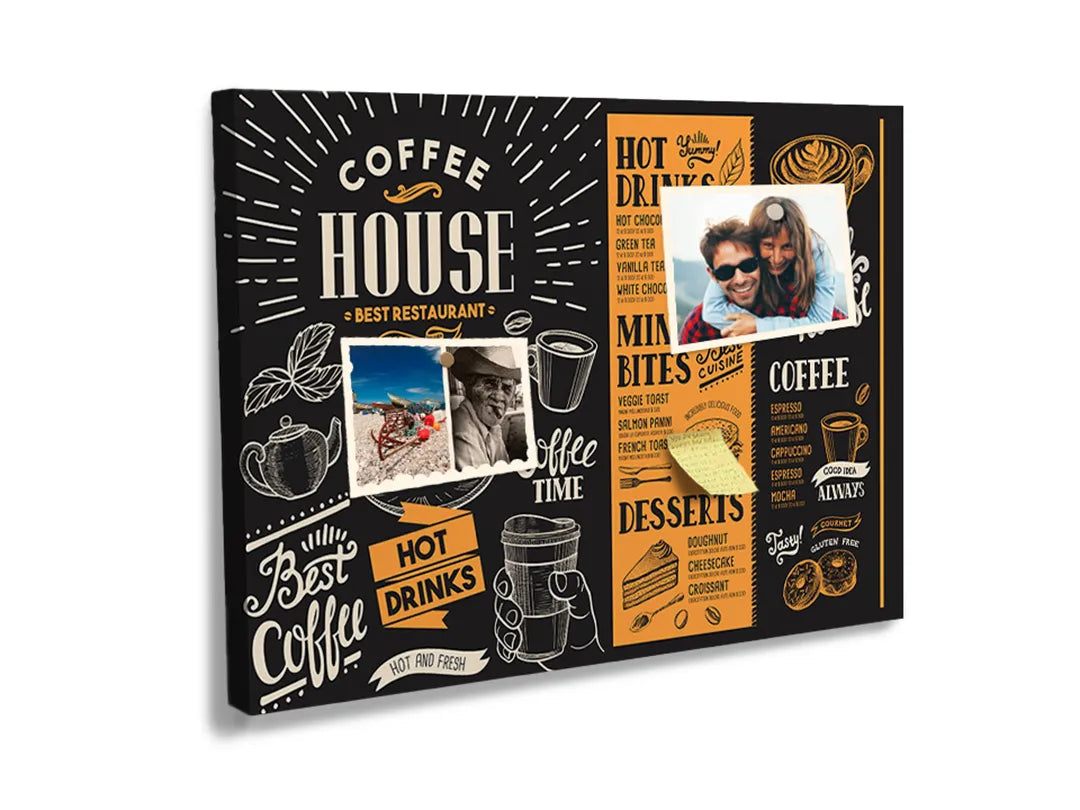 Kurkborden op canvas met retro koffiehuis typografie – formaat 60 × 40 cm