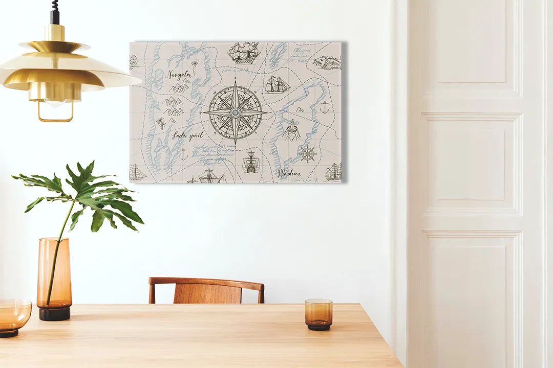 Kurkborden op canvas met vintage nautische kaart met kompas – formaat 100 × 70 cm