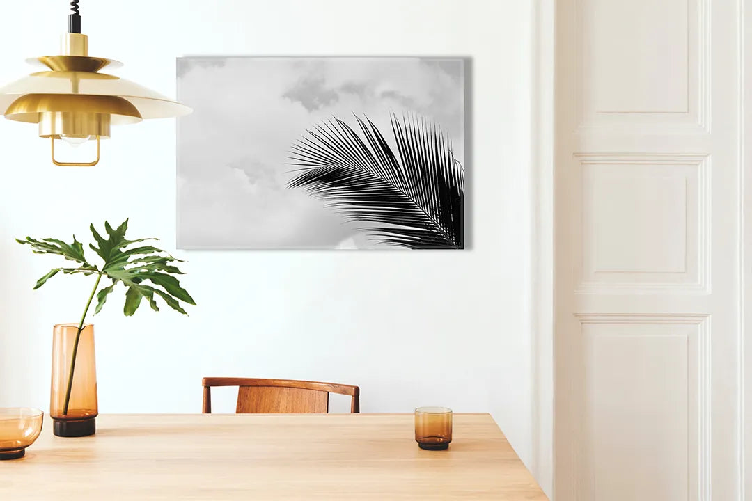 Kurkborden op canvas met zwart-wit palmblad – formaat 100 × 70 cm