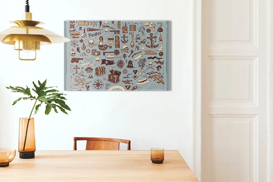 Kurkborden op canvas met vintage piratenkaart met maritieme iconen – formaat 100 × 70 cm