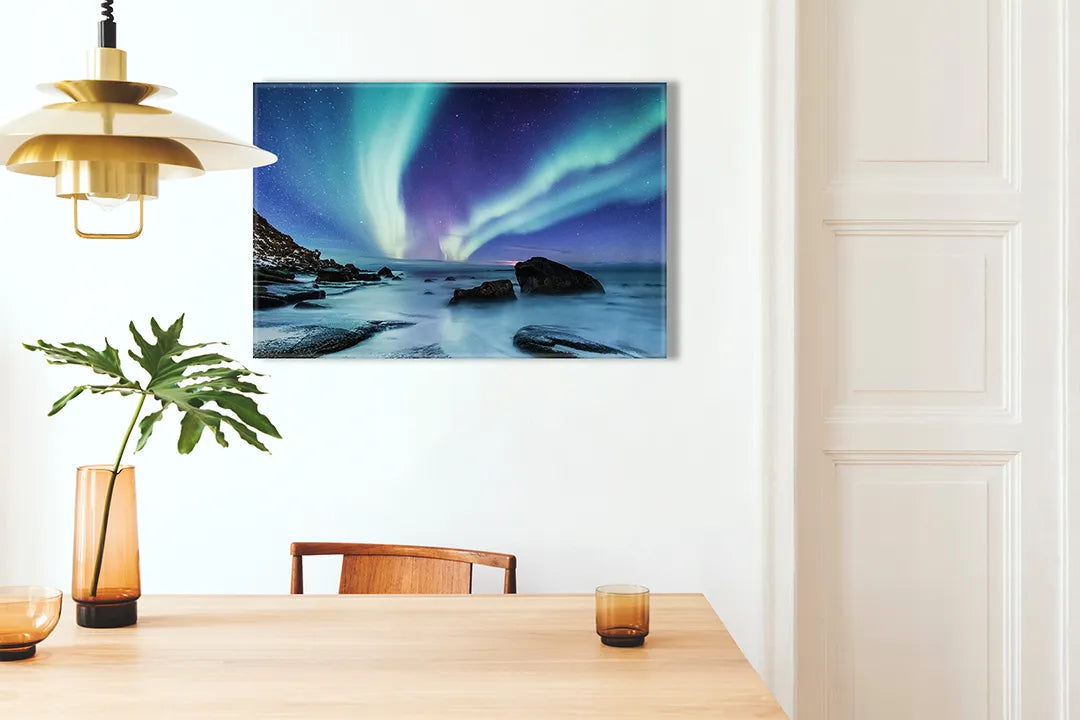 Kurkborden op canvas met noorderlicht boven de zee – formaat 100 × 70 cm