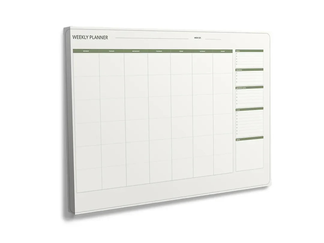 Kurkborden op canvas met strakke jaarplanner met groene lijnen – formaat 120 × 80 cm