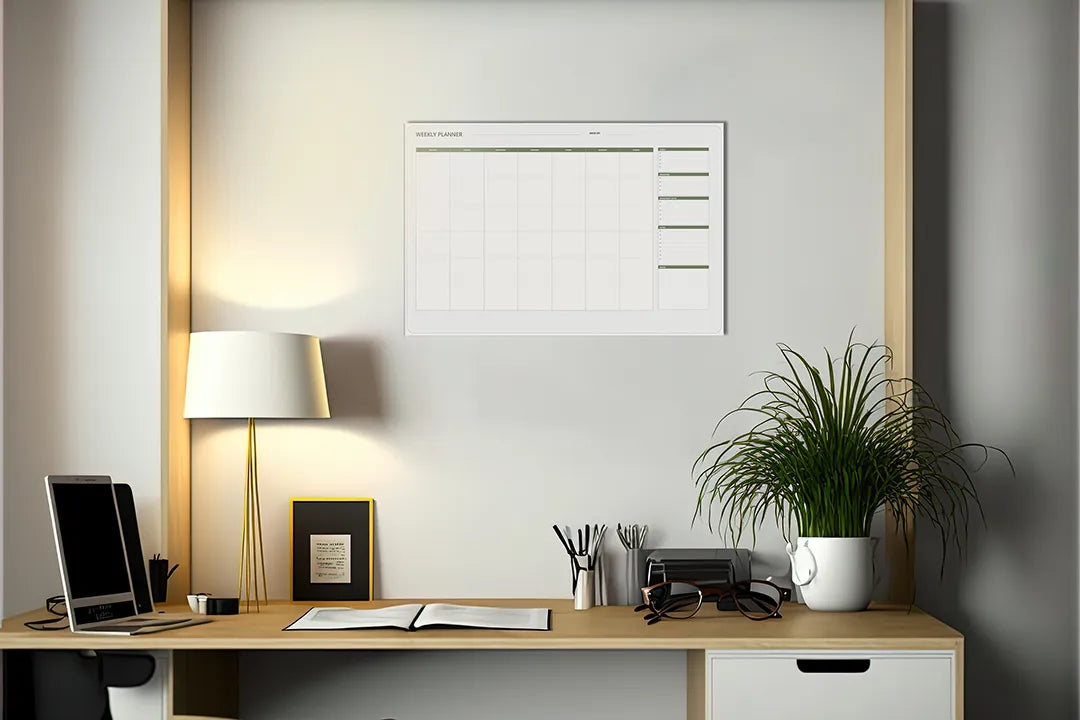 Kurkborden op canvas met strakke jaarplanner met groene lijnen – formaat 140 × 100 cm