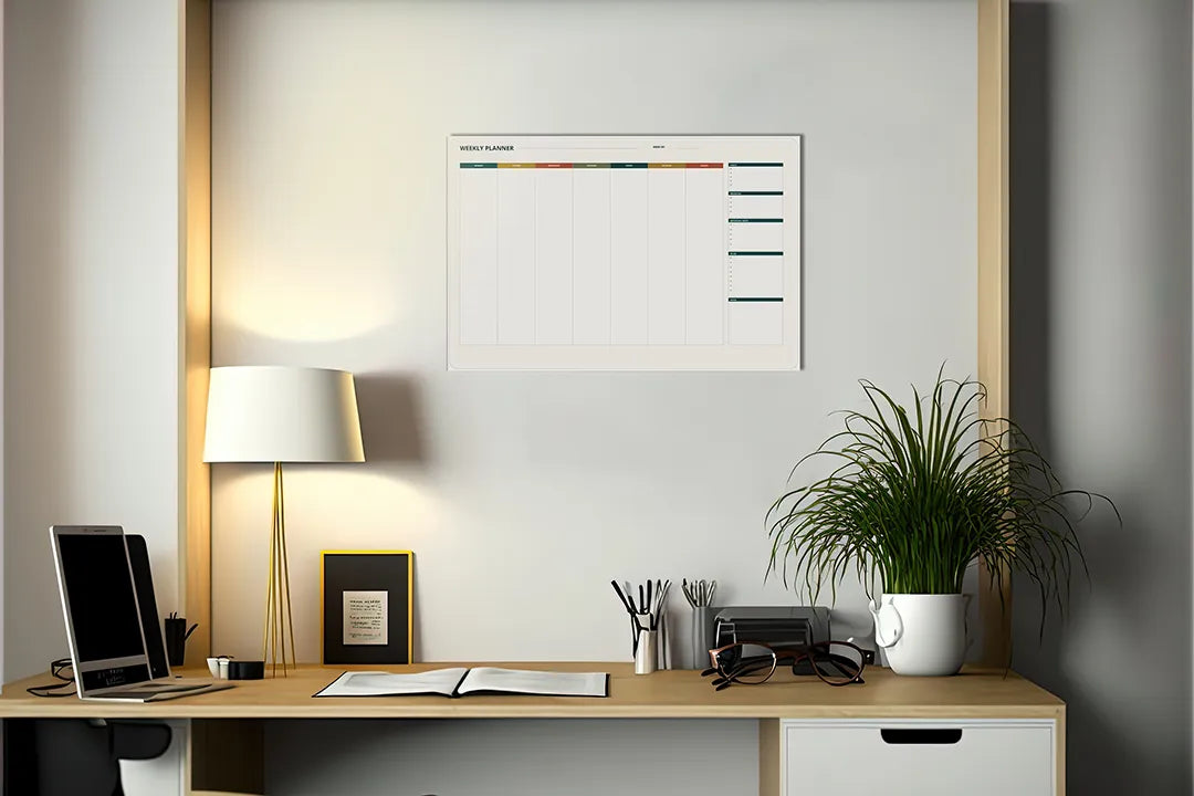 Kurkborden op canvas met jaarplanner met gekleurde maanden – formaat 140 × 100 cm