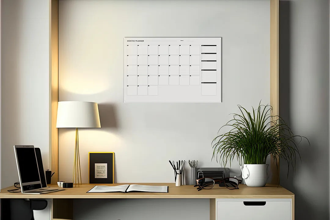 Kurkborden op canvas met maandplanner met donkere accenten – formaat 140 × 100 cm