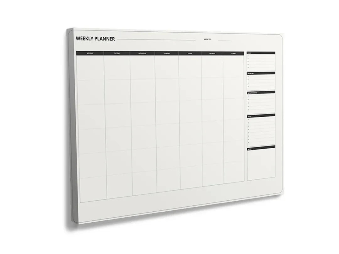 Kurkborden op canvas met strakke jaarplanner in zwart-wit – formaat 120 × 80 cm