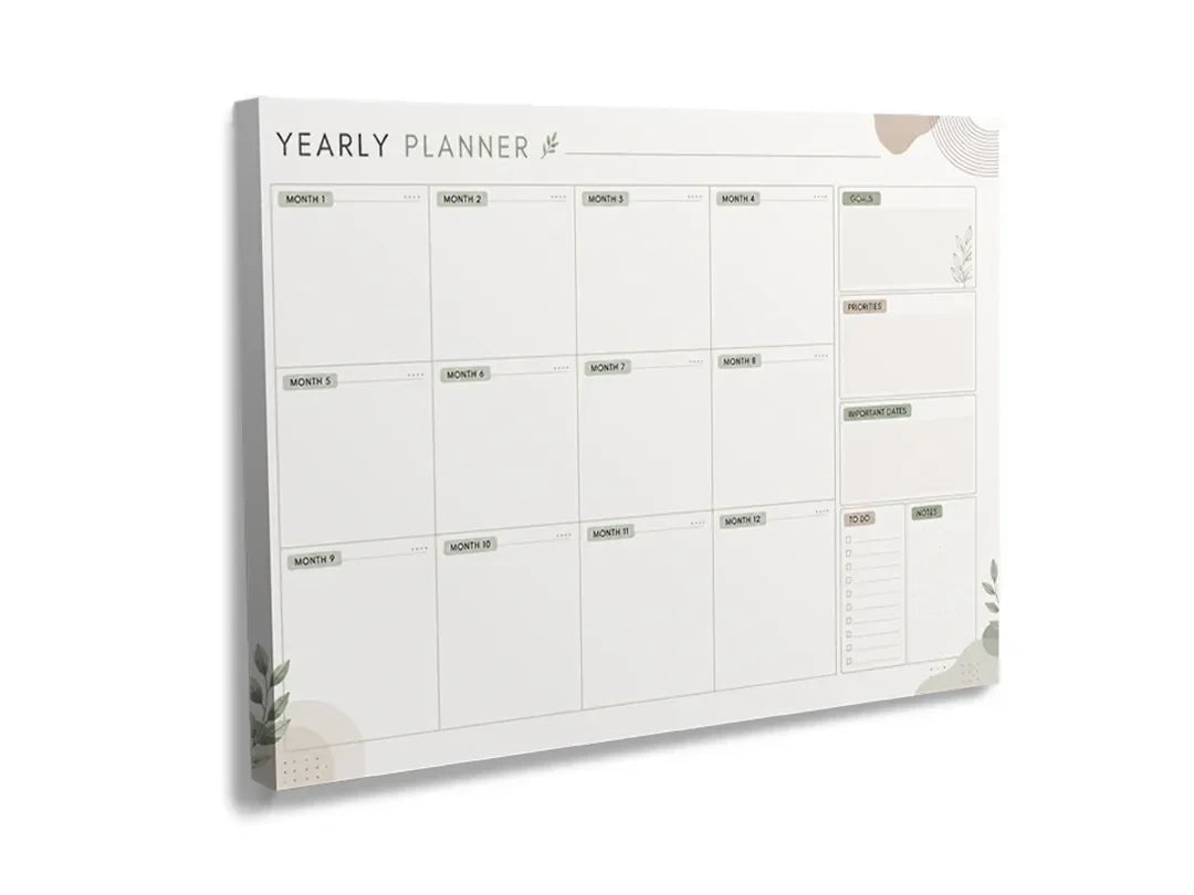 Kurkborden op canvas met jaarplanner in zacht groen – formaat 120 × 80 cm