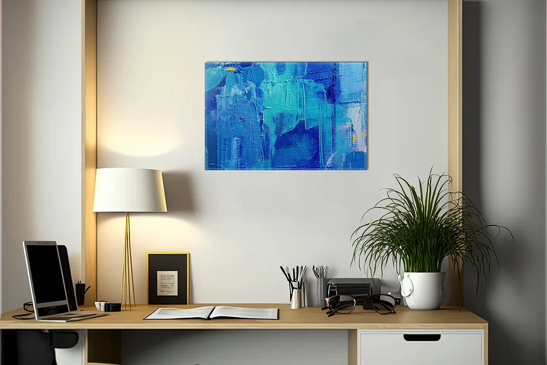 Kurkborden op canvas met abstract blauw schilderij – formaat 140 × 100 cm