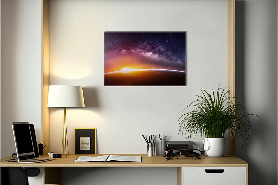 Kurkborden op canvas met melkweg boven een oranje horizon – formaat 140 × 100 cm